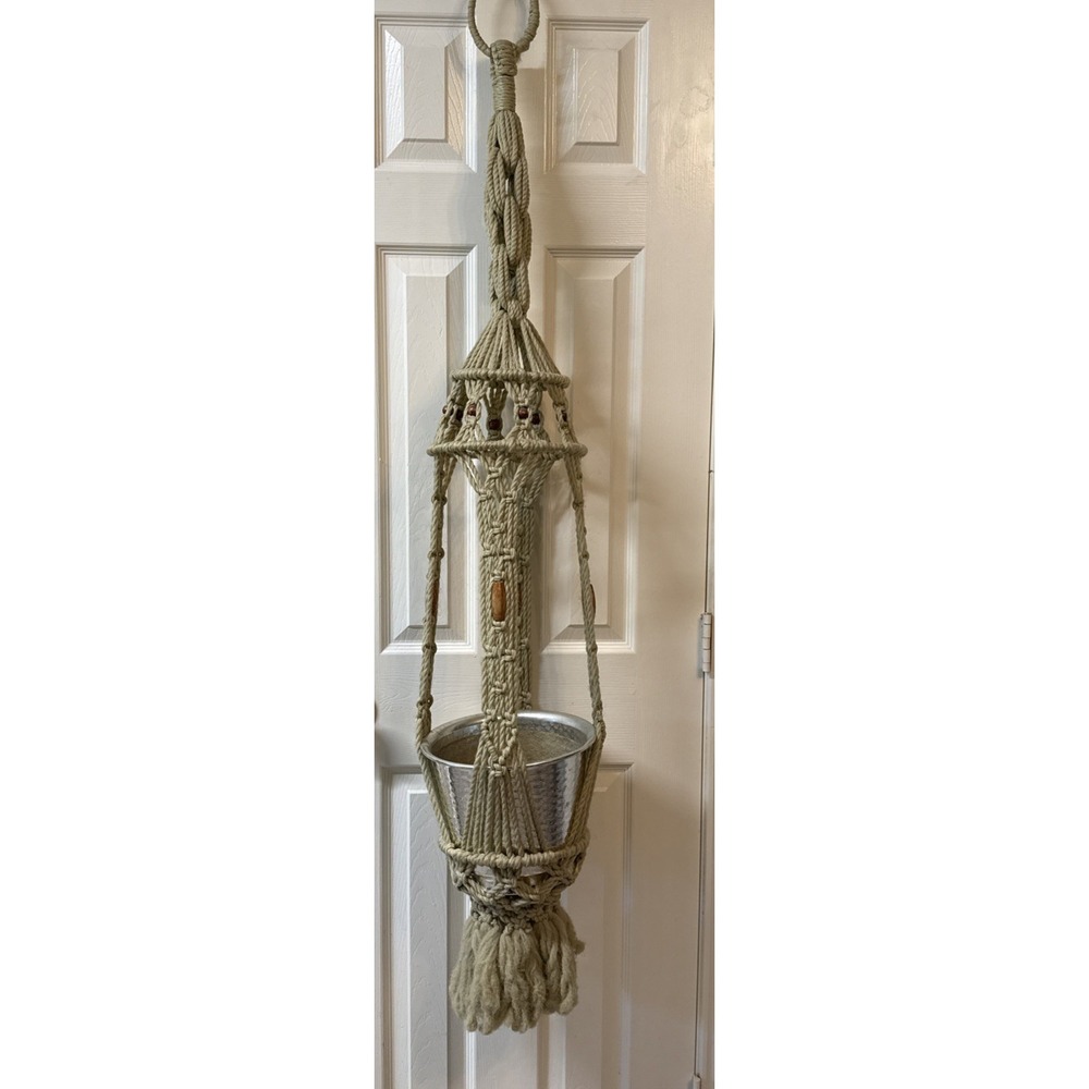 Vintage Macrame & Wood Bead 60/70s Hanging Plant Holder Boho 59"Tall